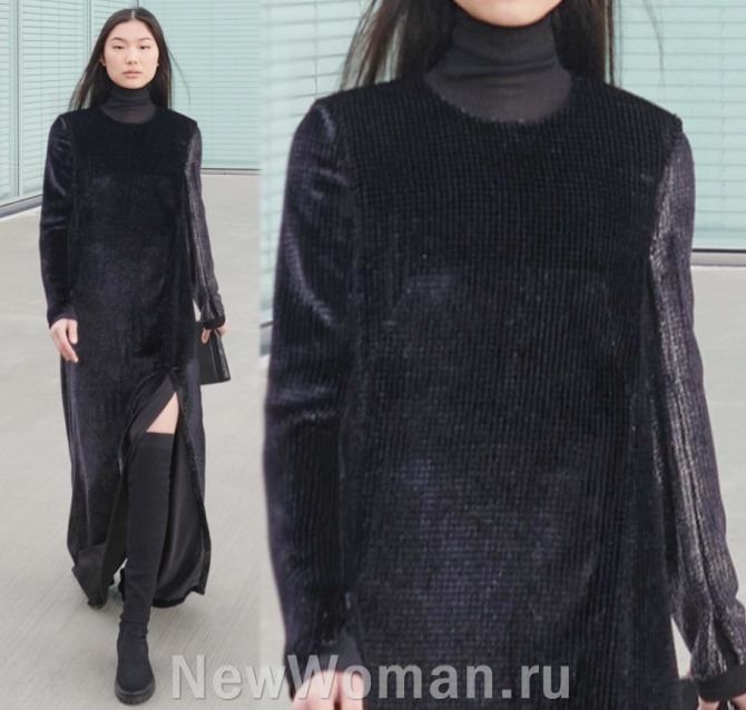 черного цвета лук для особого случая - наряд в стиле тотал-блэк для женщины 60-70 лет, вельветовое платье поверх водолазки