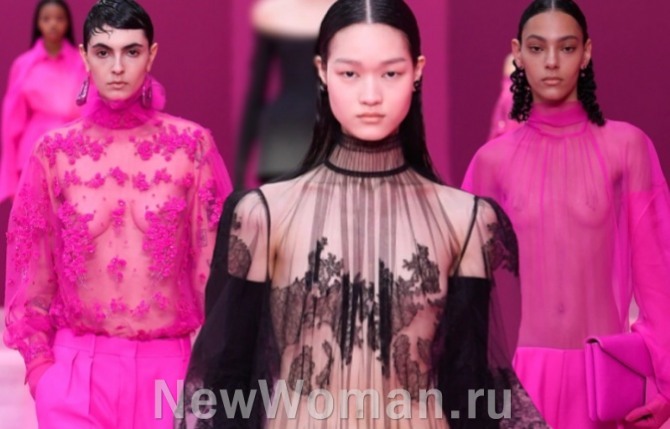 прозрачные блузки со стоячим воротником и вышивкой - тренды 2023 года, фото из коллекции Valentino (итальянский бренд на Парижской неделе моды)