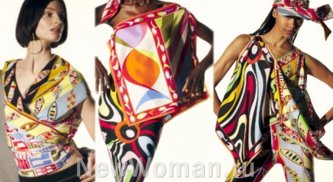 летние топы из шелковых платков с красочными принтами - фото из коллекции Emilio Pucci (Италия) на 2023 год.