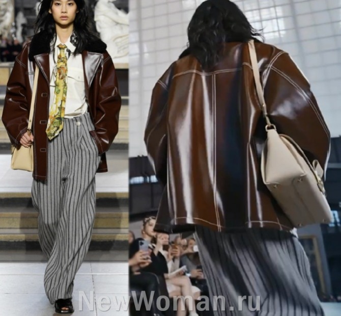 люксовая кожаная женская коричневая куртка от бренда Louis Vuitton - осень-зима 2023