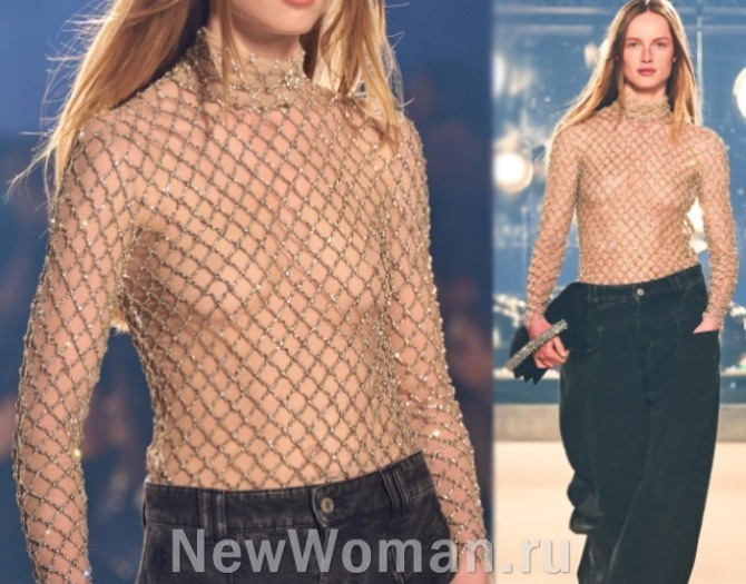 блузка со стоячим воротником из хрустальной сетки - "рыбацкая сеть" - тренды в модных блузках 2023 года, Париж