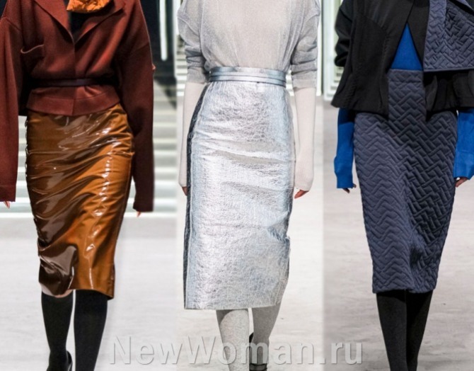 какие юбки модные в 2023 году - юбка-карандаш миди, кожаные, блестящие, трикотажные