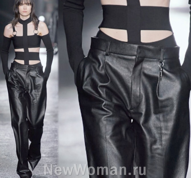 женские кожаные брюки черного цвета с низкой посадкой - Roberto Cavalli (Миланская неделя моды) 2023 год