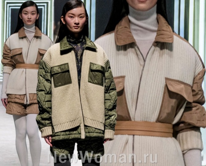 двухслойные женские куртки в военном стиле - нейлон цвета хаки и бежевый трикотаж верхним слоем.