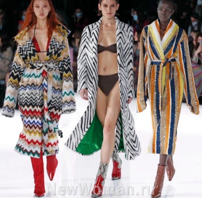 главные тенденции и фото пальтовой высокой моды 2023 года - для женщин. Пальто-халат из трикотажа от модного дома Missoni (Милан, Италия)