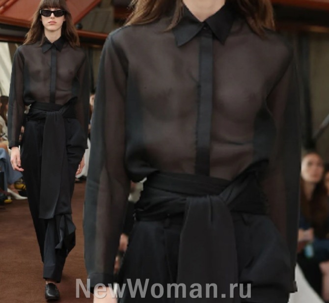 черная шифоновая блузка-рубашка с отделкой из черного шелка