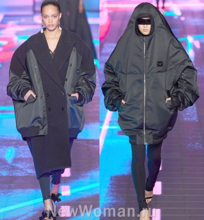 пальто-бомбер, гибридность в женской одежде, цельнокроеный капюшон - Dolce & Gabbana (Миланская неделя моды)