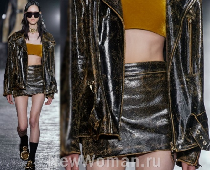 кожаный женский комплект-костюм с юбкой и курткой-косухой из состаренной коричневой кожи - модель от Roberto Cavalli (Италия) 2023 год