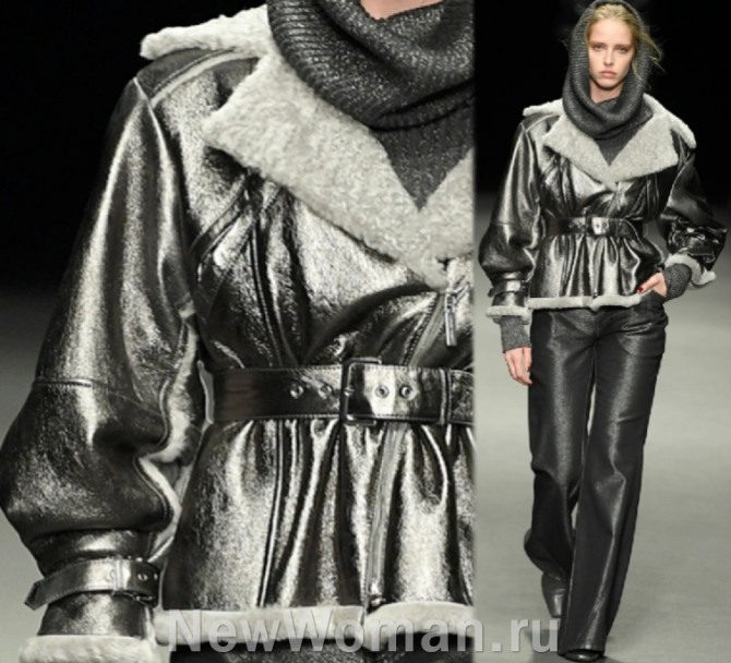 женская куртка серебряного цвета с меховой отделкой белого цвета.- с поясом, осенне-зимняя женская мода 2023 от модного дома Alberta Ferretti (Милан)