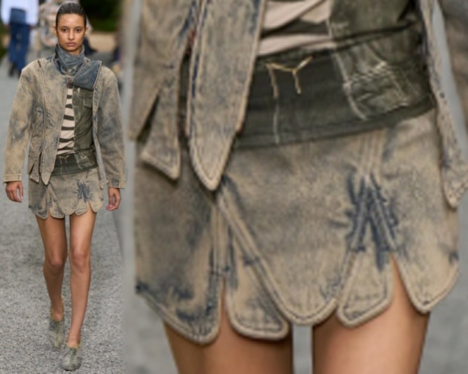 необычный дизайн мини-юбки из двухстороннего денима с фигурным подолом - фото с подиума от бренда Y/Project SPRING 2023 MENSWEAR, Париж