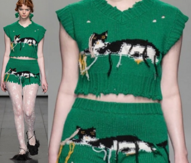 зеленый вязаный костюм с кошкой - шорты и кроп-топ - фото из коллекции Yuhan Wang RTW Fall 2022, Лондон