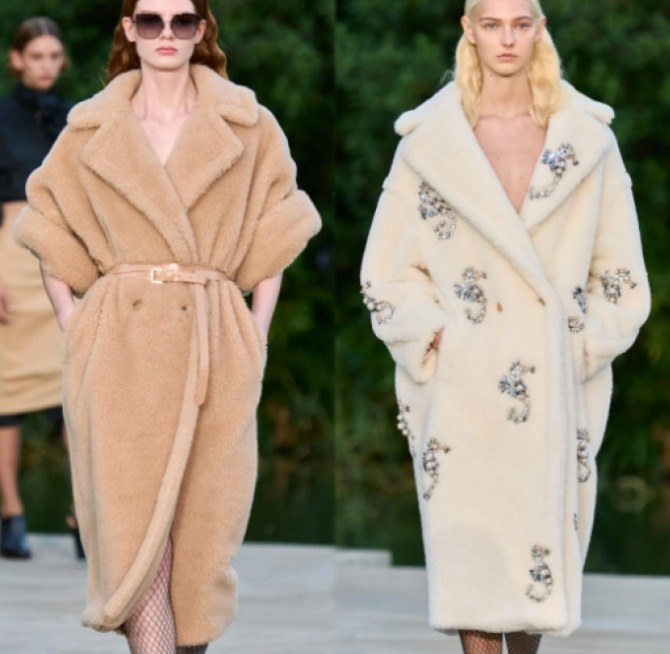 модные светлые меховые женские пальто миди сезона Зима 2023 - коллекция Max Mara RESORT 2023, Италия