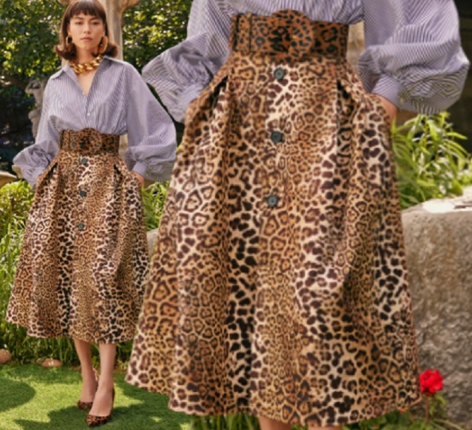 пышная шелковая юбка миди сезона весна-лето 2023 года с животным принтом оцелот - Carolina Herrera, RESORT 2023, Нью-Йорк