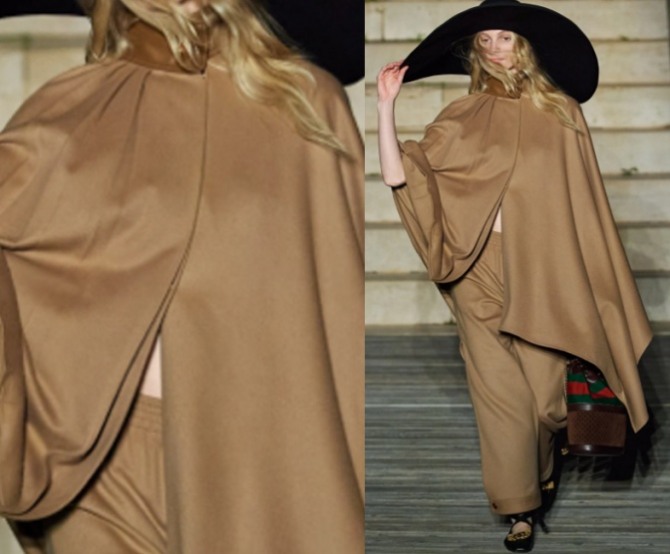 пальто-накидка из коричневого сатина и брюки из того же материала - образ в стиле тотал-лук 2023 года, весна