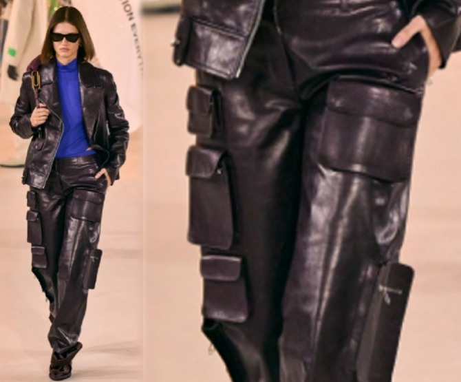 кожаный женский комплект из коричневой кожи - куртка-косуха с брюками карго - Off-White, Италия, мода на верхнюю женскую одежду сезона Осень-Зима 2023