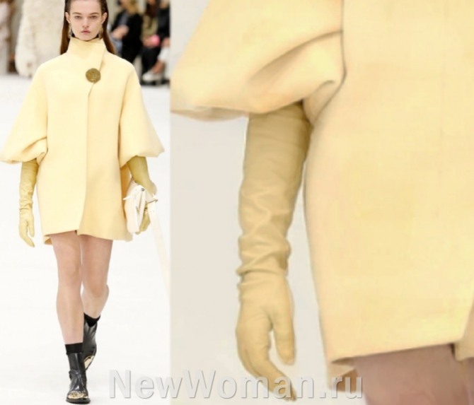 желтое короткое пальто с пышными рукавами и желтыми кожаными перчатками - тренды от модного дома Jil Sander RTW Fall 2022, Милан