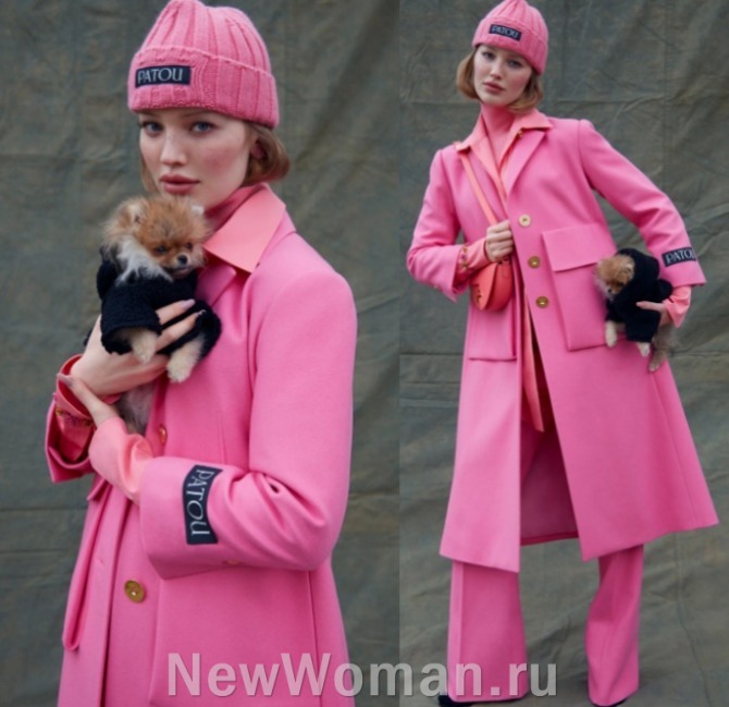 стиль 2023 года total pink, молодежное пальто для девушек ярко-розового цвета сезон весна 2023 - длина до колена, большие накладные карманы