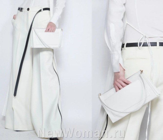 женская плоская сумка с одной ручкой, на молнии среднего размера в деловом стиле из кожи белого цвета с карманом на внешней стороне - тренды 2023 года