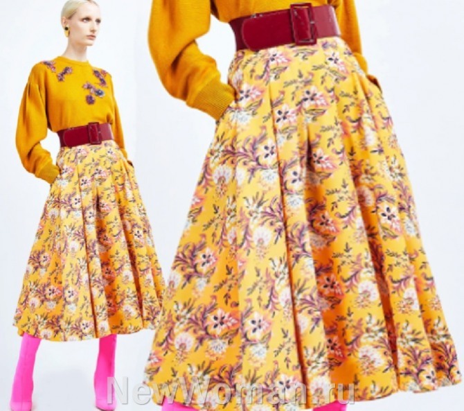 тенденции в моде на юбки 2023 года - юбка-трапеция миди с кожаным ремнем