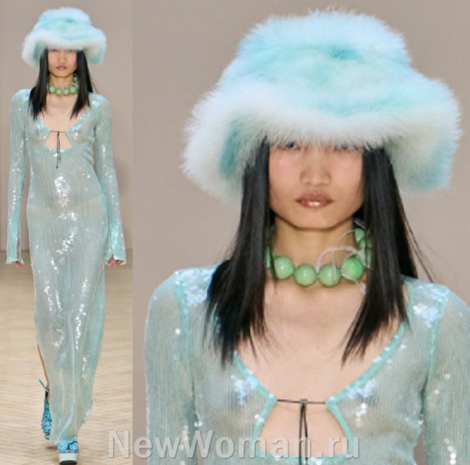 модные тренды 2023 года в женских головных уборах - шляпа из искусственного меха под цвет вечернего наряда