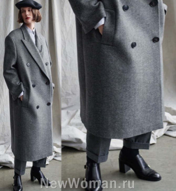 демисезонное двубортное серое женское пальто миди свободного прямого силуэта - мода 2023 года, подиум