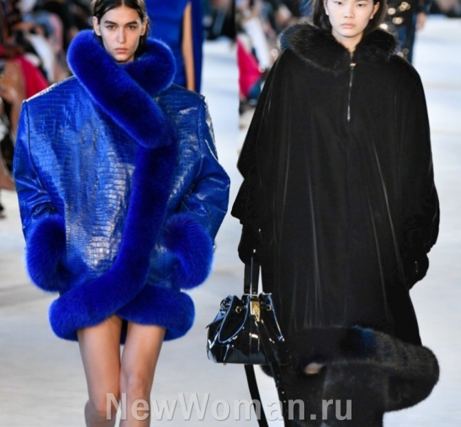 женские пальто 2023 года с меховой отделкой синее и черное - фото из коллекции модного дома Alexandre Vauthier Couture Fall 2022, Франция