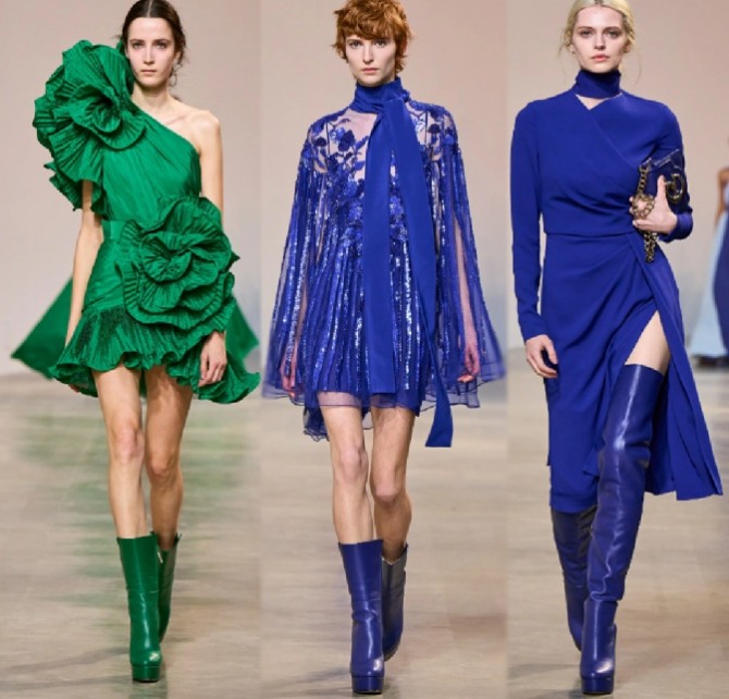 цветные кожаные женские сапоги и образы 2023 года с вечерним платьем - луки с подиума Elie Saab (Парижская Неделя моды)