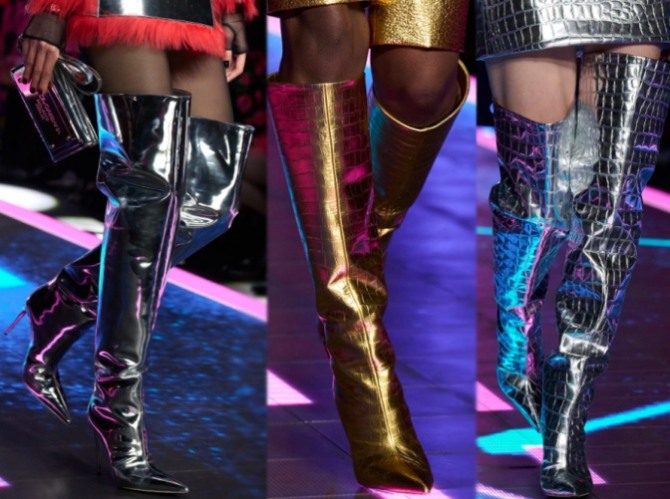 ботфорты и высокие сапоги металлика - зеркально-гладкие и принтованные имитацией под кожу рептилий - тренды 2023 года от модного дома Dolce & Gabbana (Италия)