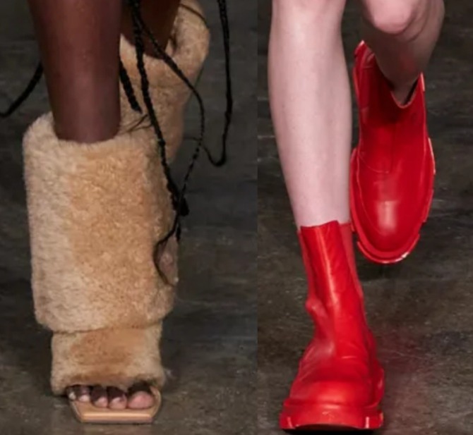 двухслойные меховые женские сапоги с открытым мыслом и грубые армейские ботинки ярко-красного цвета - тренды осень-зима 2023 от дизайнерского дома Dion Lee (Сидней, Австралия)