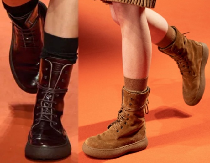 сапоги-ботинки из кожи и замши со шнуровокй и толстой подошвой-баллоном - фото из коллекции Tod’s (Миланская Неделя моды)