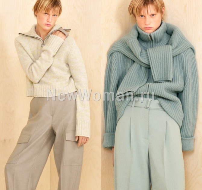 с чем носить зимние женские брюки в 2023 году - фото вариантов с вязаным свитером и кофтой на молнии.