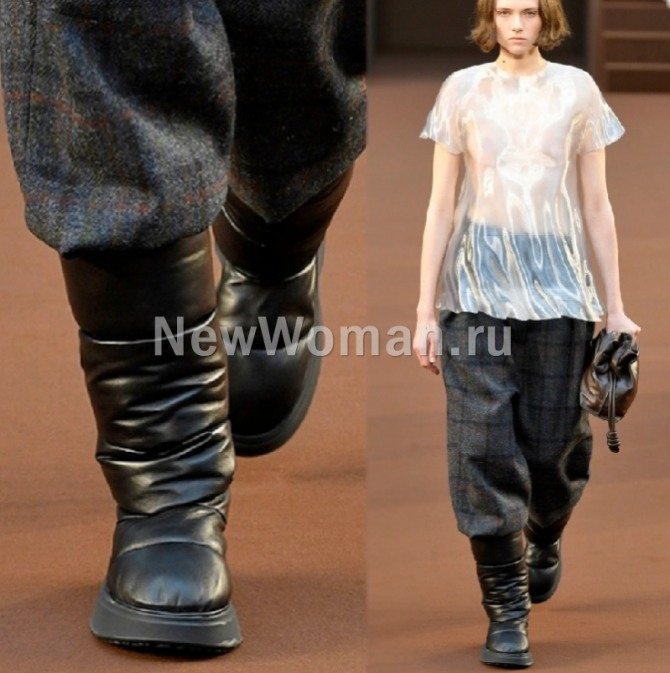 модные зимние женские сапоги 2023 года - кожаные дутыши от бренда Loewe (Неделя моды в Париже)