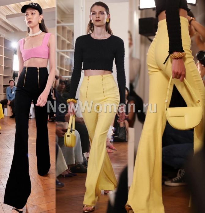 весенний женский тренд 2023 года - черные и желтые брюки с двумя молниями в ансамбле с кроп-топом, фото с подиума Patou SPRING 2023 READY-TO-WEAR, Франция