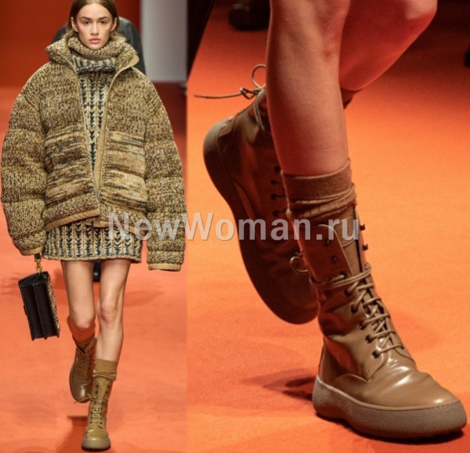 в 2023 году в моде женские высокие уличные демисезонные ботинки на платформе и со шнуровкой - фото с подиума Tod’s (Миланская Неделя моды)