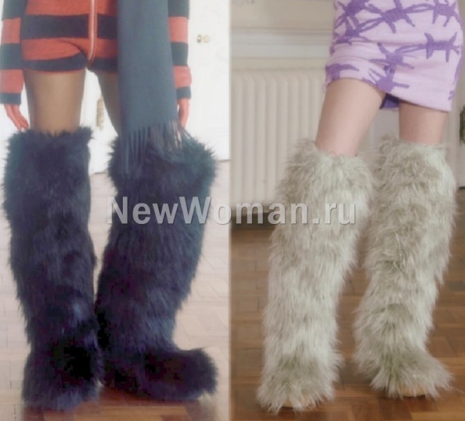 женские зимние сапоги выше колена покрытые мехом - унты из коллекции 2023 года House of Sunny (Лондонская Неделя моды)
