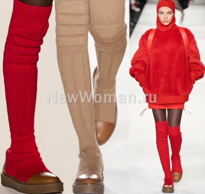 женские сапоги-гибриды 2023 на межсезонье: туфли на плоской подошве с пришитыми к подошве чулками - стильные идеи от бренда Max Mara (Италия) 