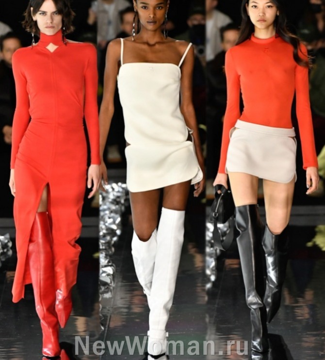 с чем носить весенние красные, белые и черные женские высокие сапоги-трубы 2023 года - стильные луки от бренда Acne Studios (Швеция)