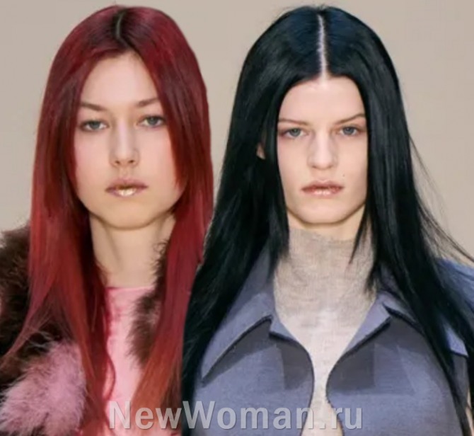 актуальные цвета для длинных волос 2023 года - медные и черные прямые длинные гладкие пряди