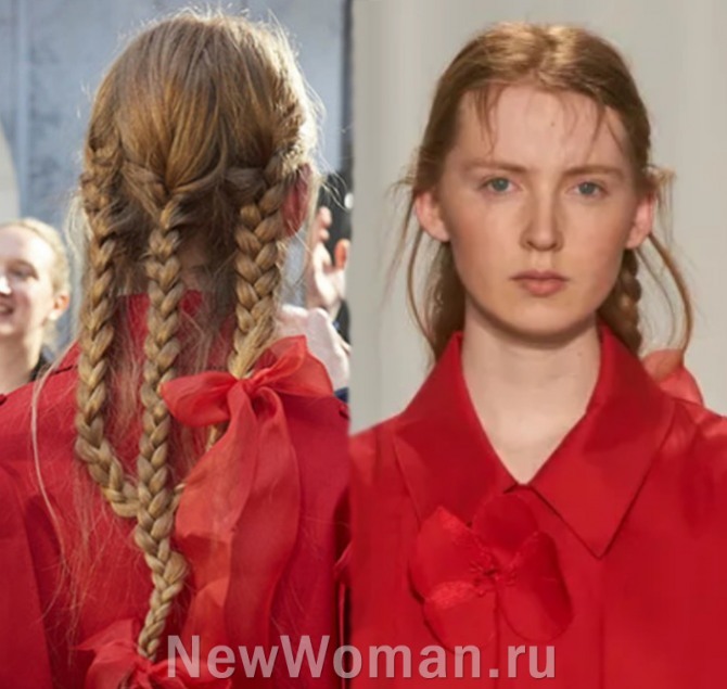 тройные вертикальные нижние косы - модный тренд для длинных женских волос 2023 года, цвет прядей - рыжий