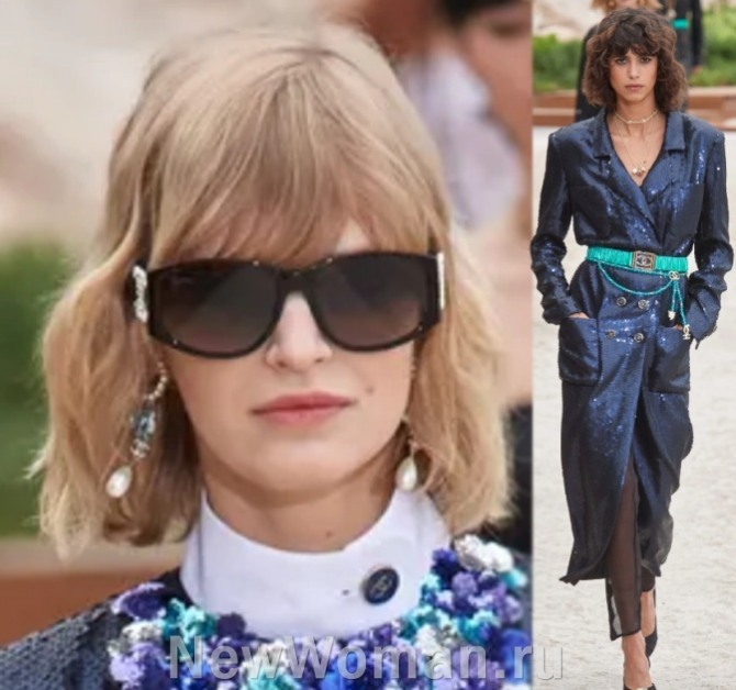 девушки-модели с подиума в Париже, 2023 год, со стрижками и прическами средней длины с челкой, луки от Chanel, Франция, с какими аксессуарами и одеждой сочетать