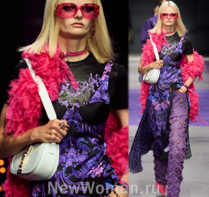 яркий уличный образ модель блондинка с прямыми волосами до плеч - Versace, SPRING 2023 READY-TO-WEAR, Миланская Неделя моды