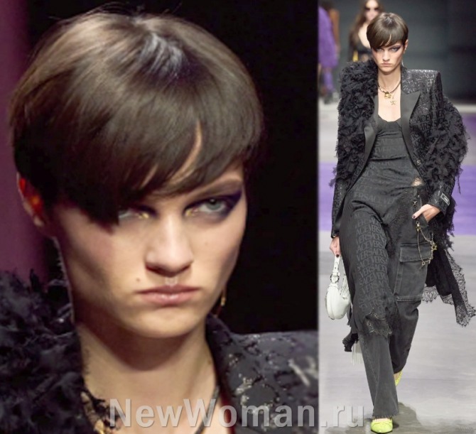 стрижки моделей для коротких волос с Миланской Недели моды - стрижка шапочка - Versace, SPRING 2023 READY-TO-WEAR