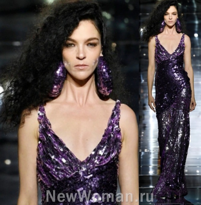 новогодняя модная прическа 2023 года для брюнетки в блестящем платье