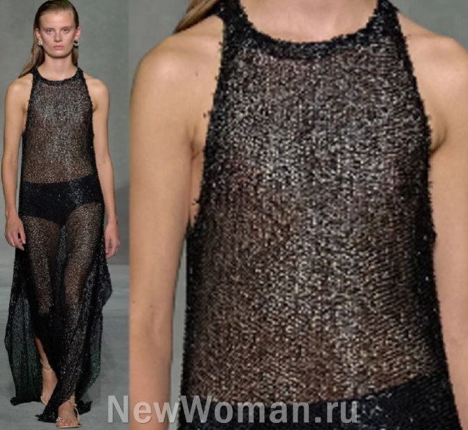 прозрачное летнее длинное черное платье 2023 - без рукавов из прозрачной сетки с люрексом - подиум Lanvin, SPRING 2023 READY-TO-WEAR, Парижская Неделя моды