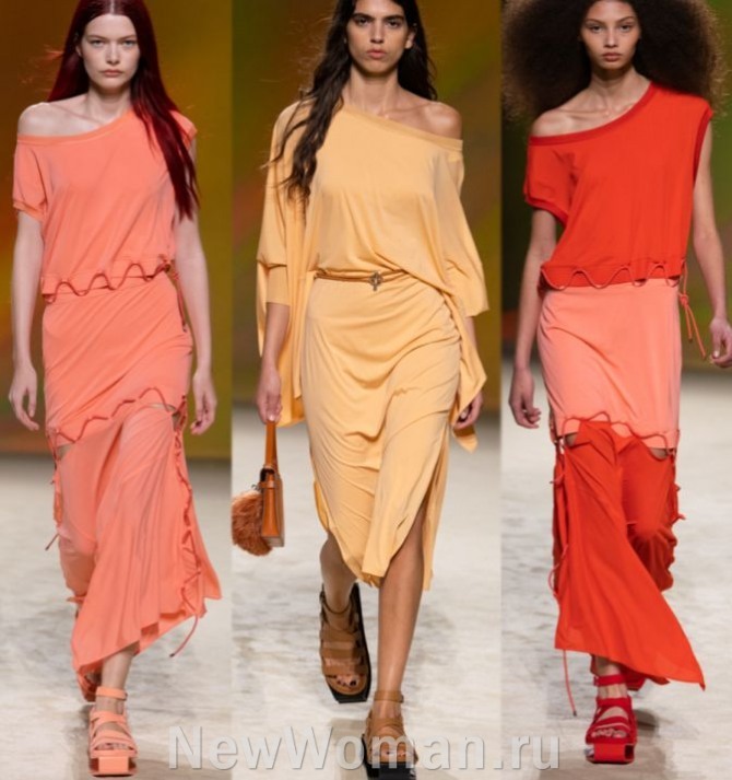 Летние платья 2023 года от модного дома Hermès RTW Spring 2023, Парижская Неделя моды - в карамельных, красных, розовых и лососевых тонах