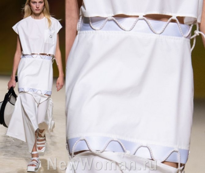 белое летнее платье с горизонтальными шнурами, соединяющими разрезанные детали одежды - фото с показа модного дома Hermès RTW Spring 2023, Парижская Неделя моды