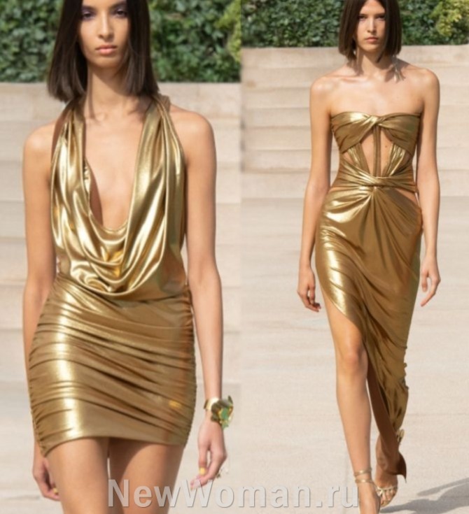 летние вечерние платья сезона Лето 2023 из металлизированной ткани золотого цвета, Милан