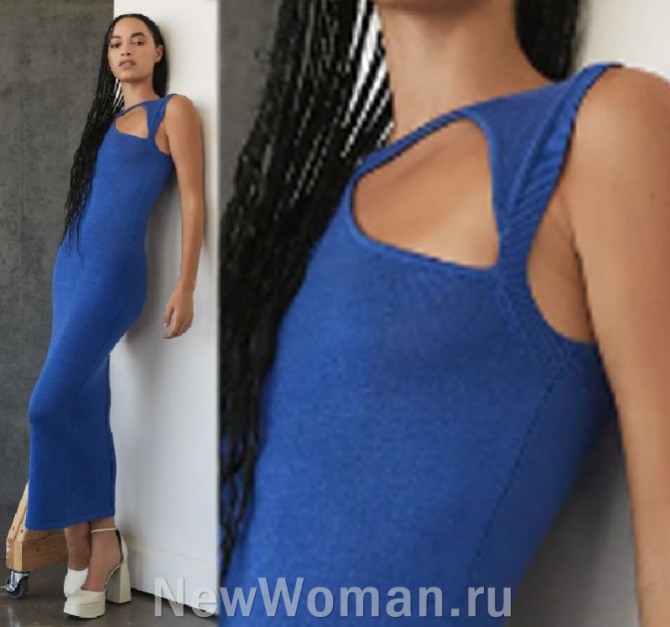 летнее трикотажное платье синего цвета с вырезами на груди и асимметричными плечами -  RTA SPRING 2023 READY-TO-WEAR, Нью-Йорк