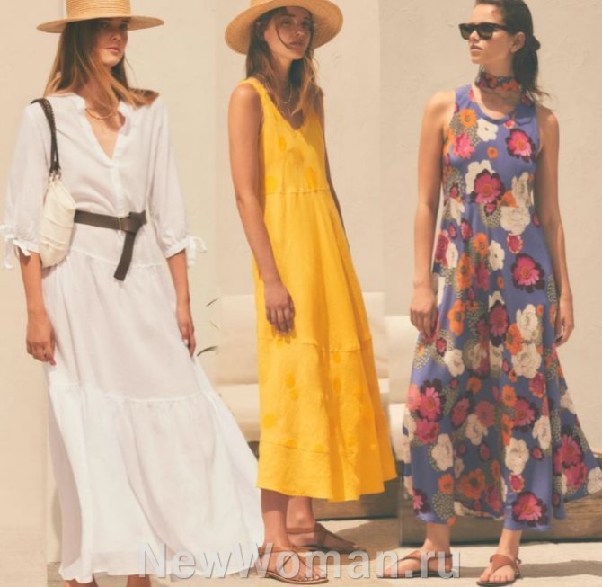 фото летних длинных платьев для отпуска белого, желтого цвета, а также принтованный вариант - подиум 2023, Милан