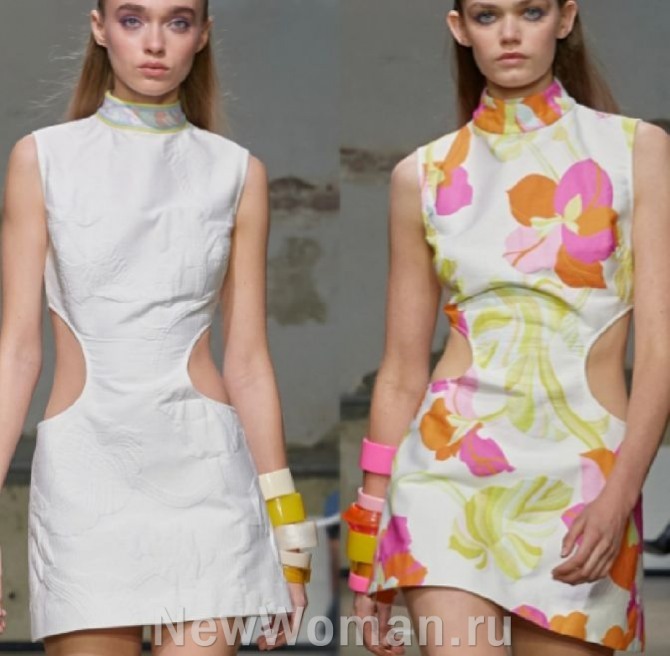 фото модных коротких летних платьев для девушек 2023 года с вырезами на боках и стоячим воротником - дизайнерские идеи от модного дома Leonard RTW Spring 2023, Париж